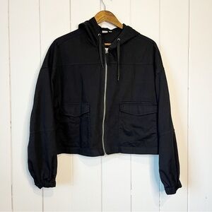 Twik Black Cropped Cotton/Linen Blend Zip Up Hoodie.